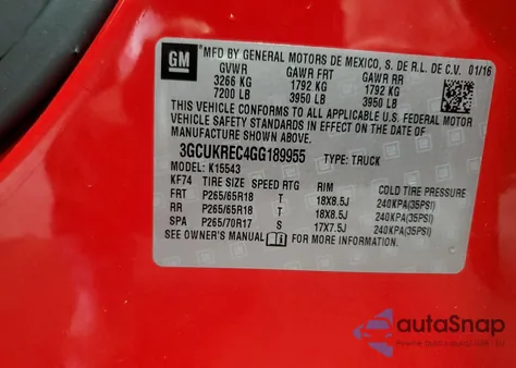 2016 Chevrolet Silverado K1500 Lt z USA, uszkodzony, nr VIN 3GCUKREC4GG189955